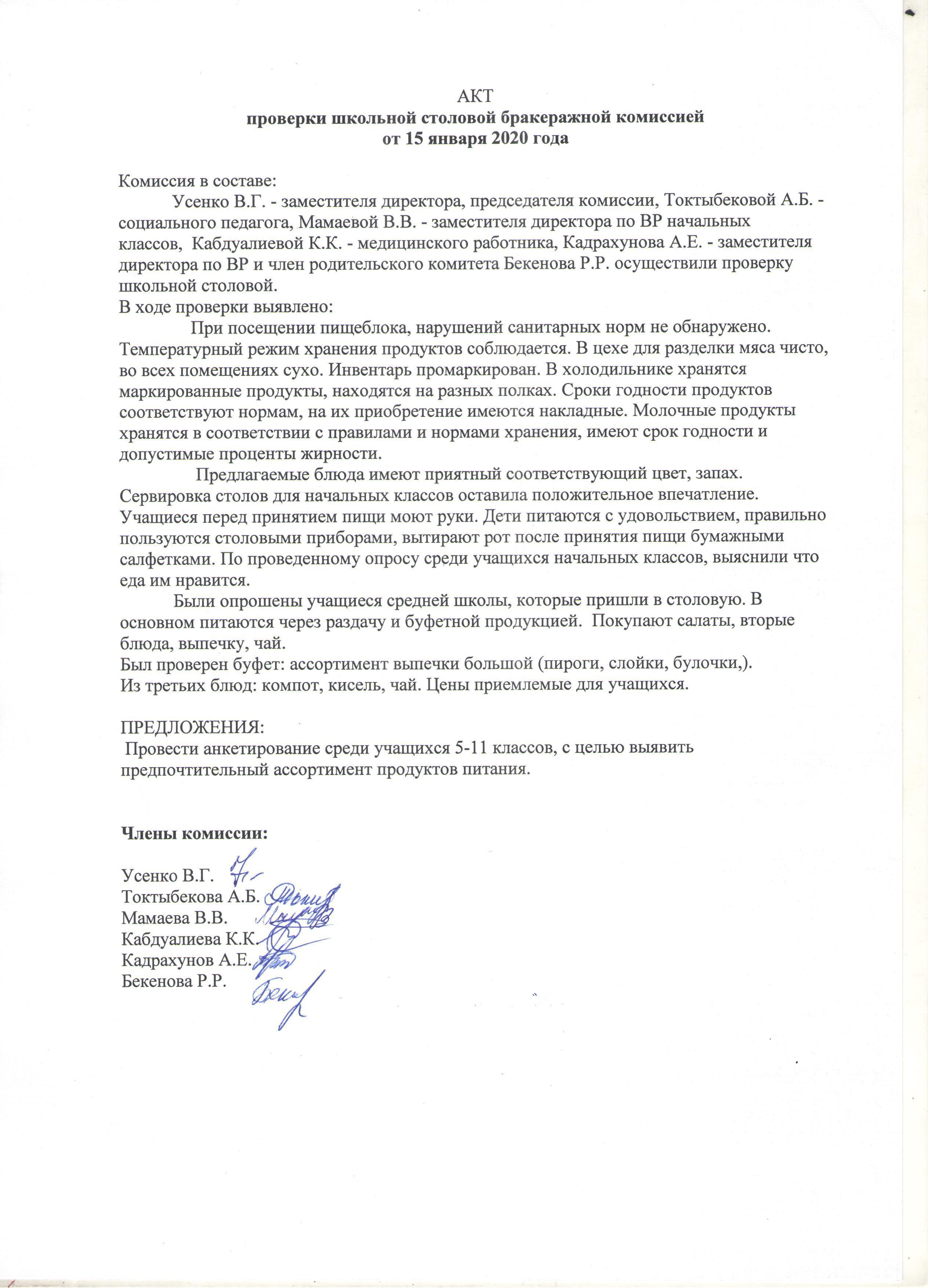 Акт проверки школьной столовой бракеражной комиссией от 15.01.2020